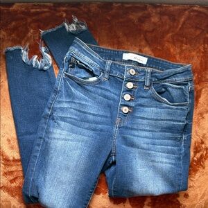 KanCan Distressed Button-Fly Skinny Jeans - Dark Blue